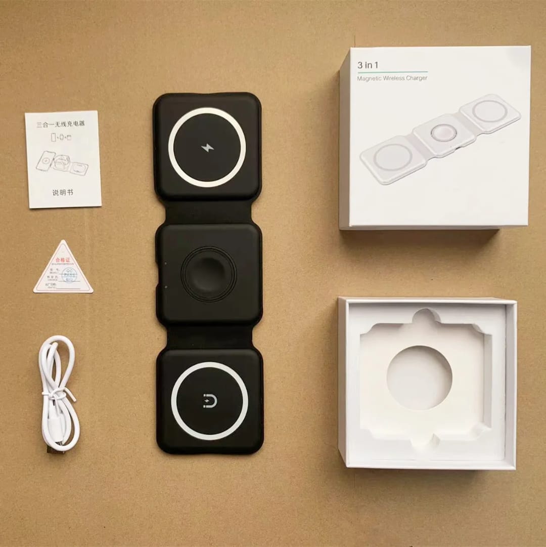 Karikues Magnetik Wireless 3 në 1 i Palosshëm, magnetik dhe praktik, për shtëpi, zyrë dhe udhëtime, ngjyrë e zezë